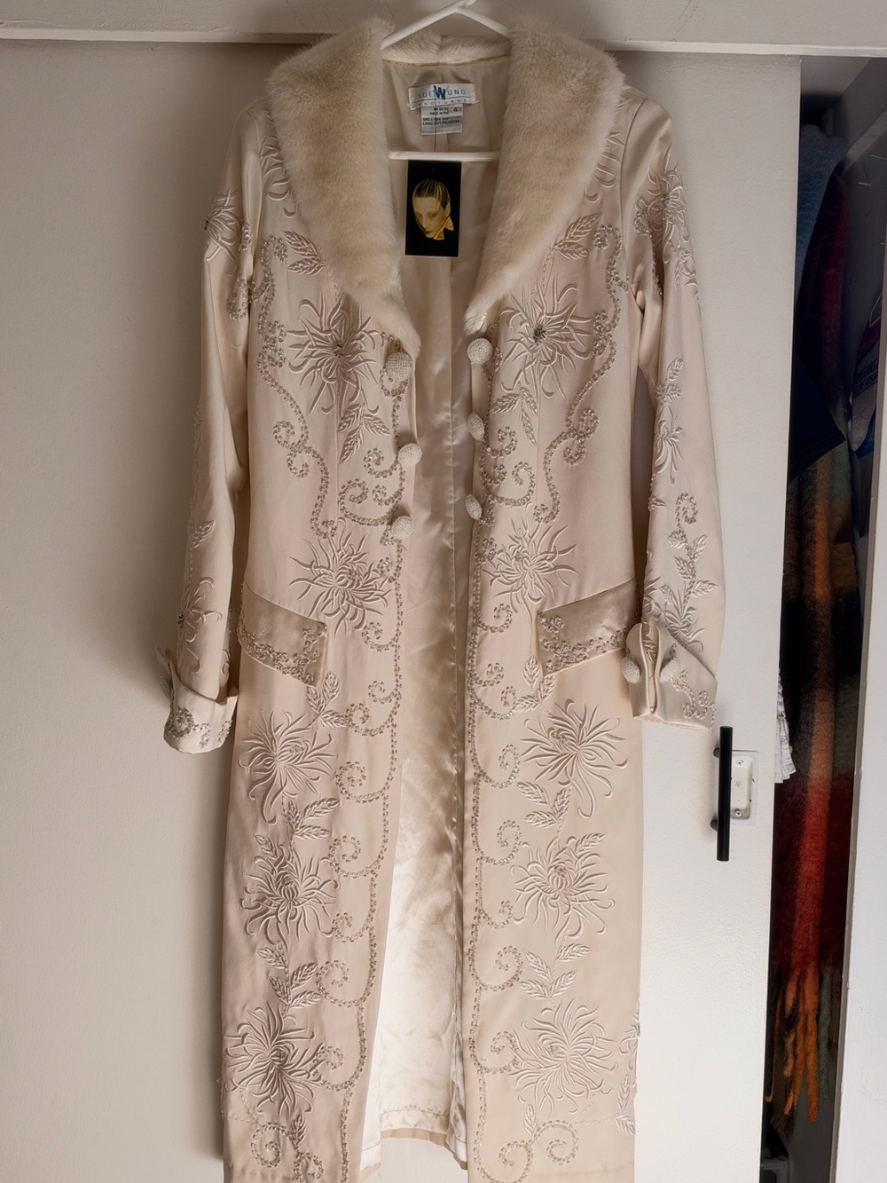 Elegant Cream Embroidered Long Coat with Faux Fur Collar - Sue Wong Nocturne